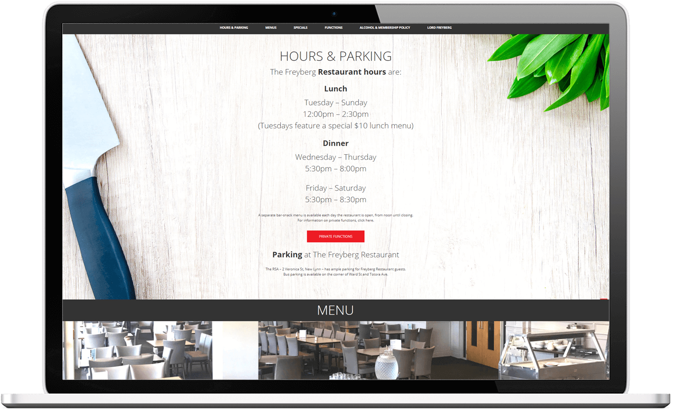 Freyberg website design desktop - The Freyberg Restaurant