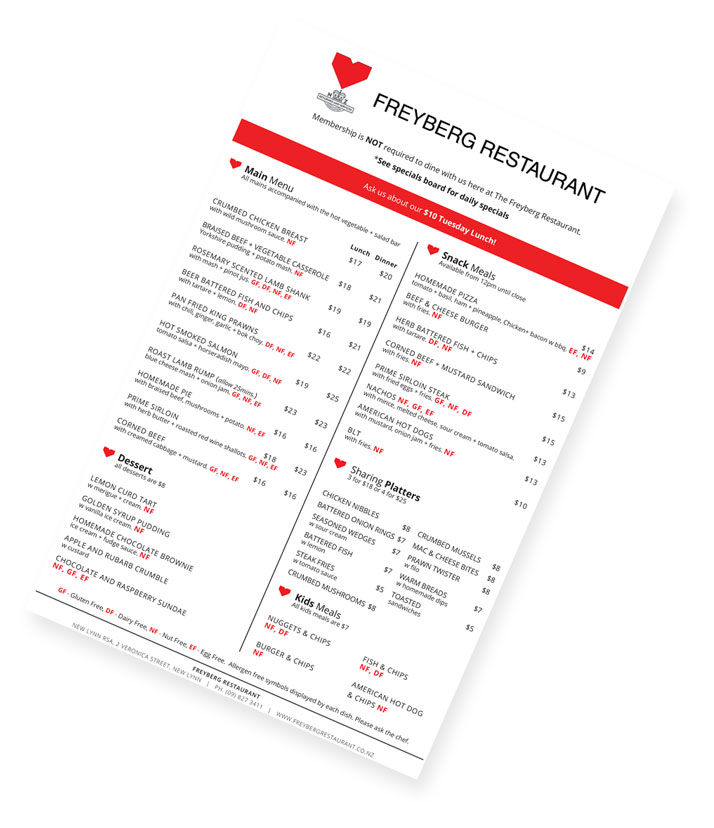 The Freyberg Restaurant Menu Design 1 - The Freyberg Restaurant