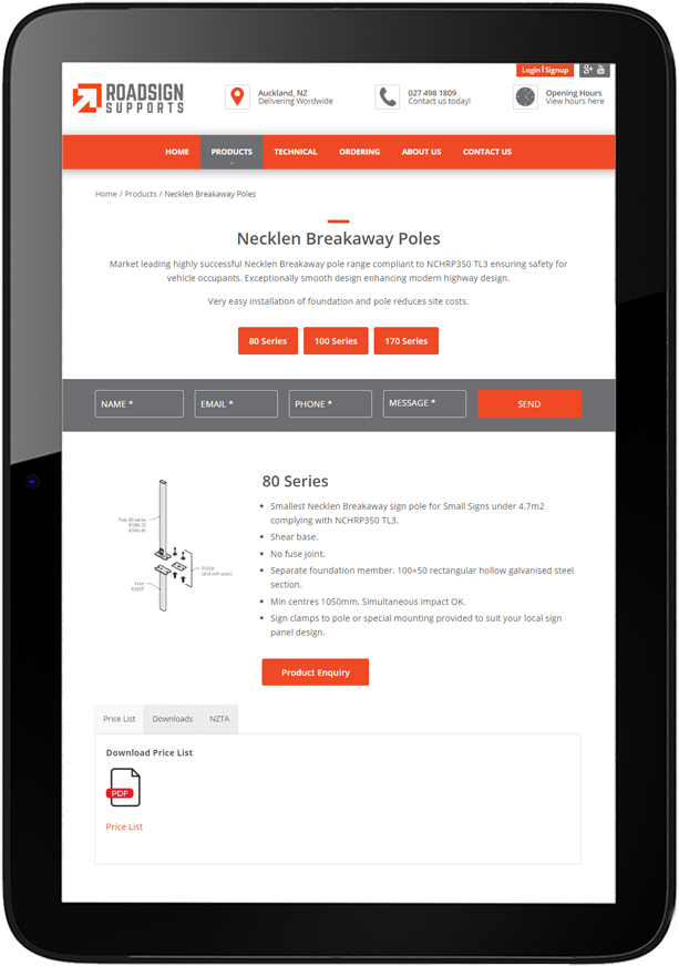 Roadsign-Website-Design-Tablet Tablet view of Website design for Roadsign Supports