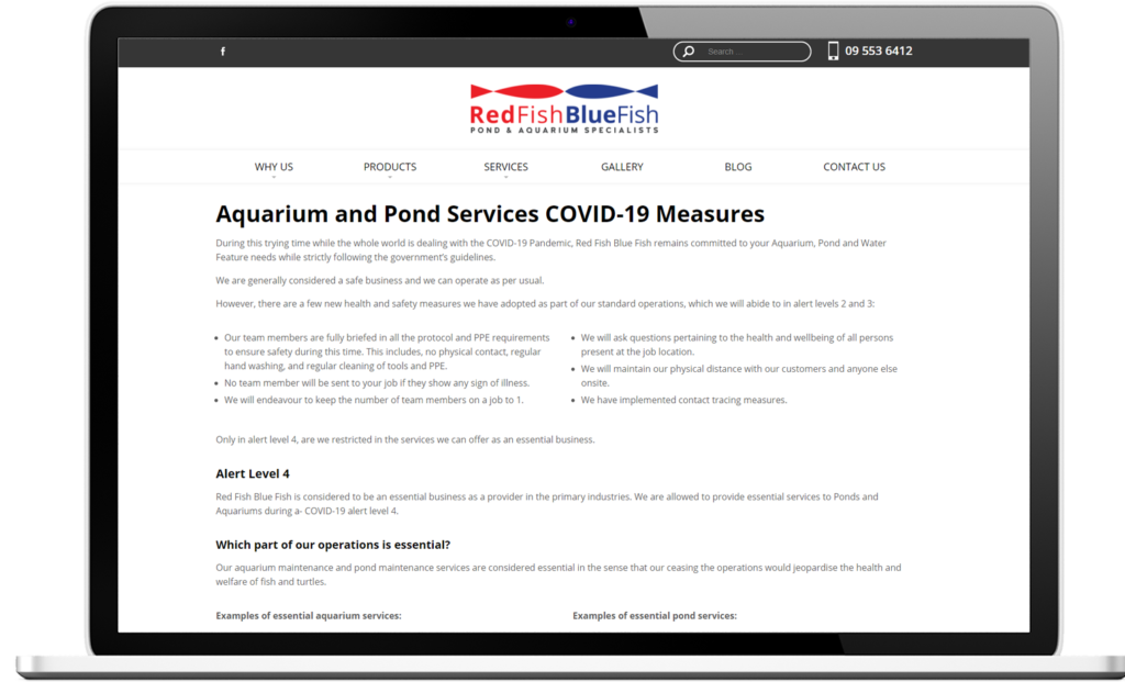 RedFish BlueFish Covid 19 page 1024x621 - Keep customers informed with a Covid-19 website banner & Social Posts