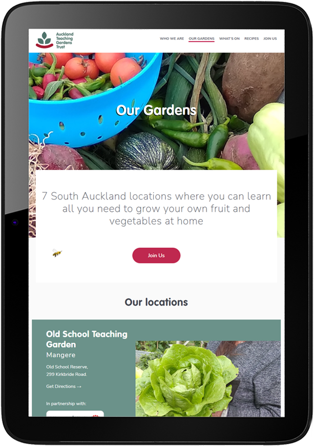Auckland Teaching Gardens Website Design Our Gardens Tablet - Auckland Teaching Gardens Website Design