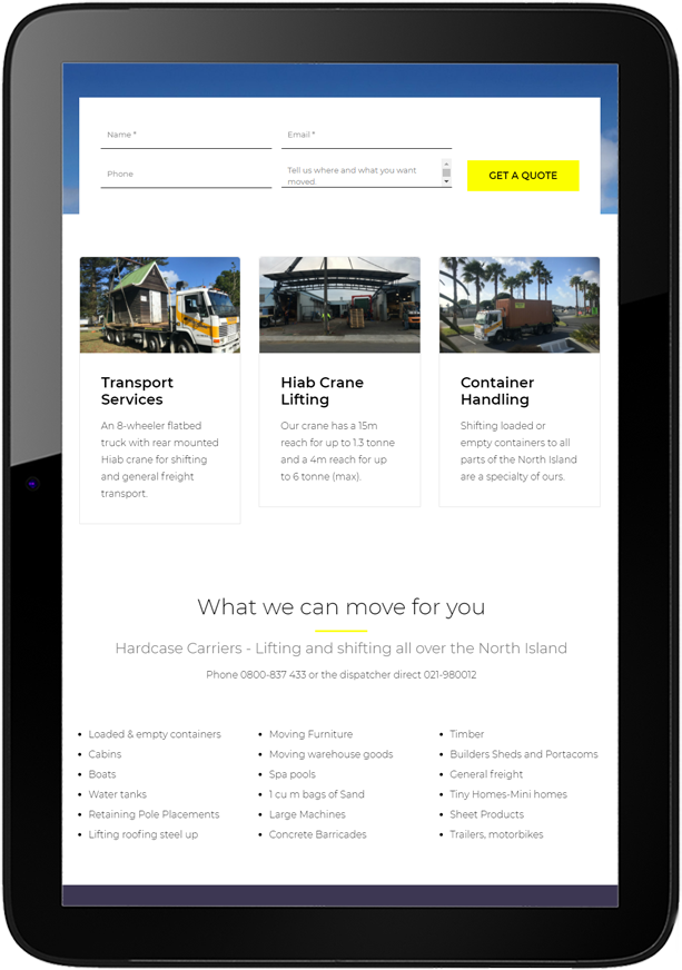 Truck and Crane Hire Truck and Crane Hire website design tablet - Truck and Crane Hire