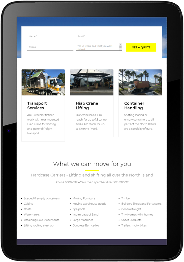 Truck and Crane Hire website design tablet - Truck and Crane Hire