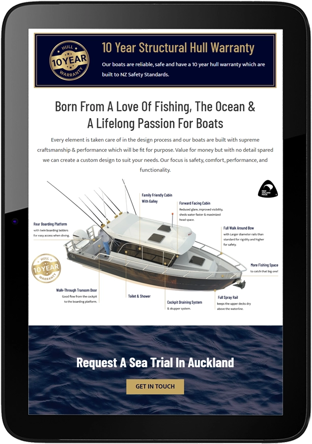 Aluka Website Design Tablet - Aluka Boat Co.