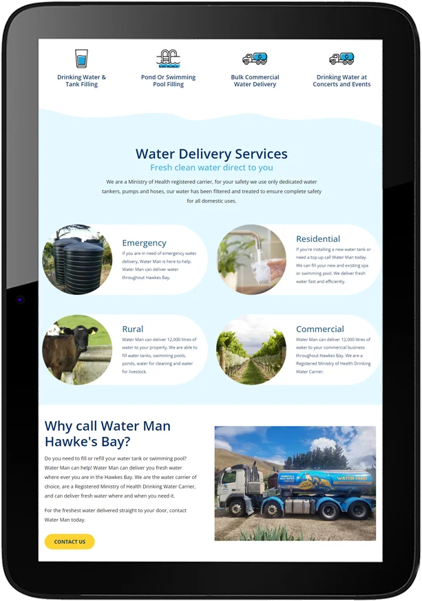 Water Man Hawkes Bay Website Design Tablet - One page website for Water Man Hawke's Bay