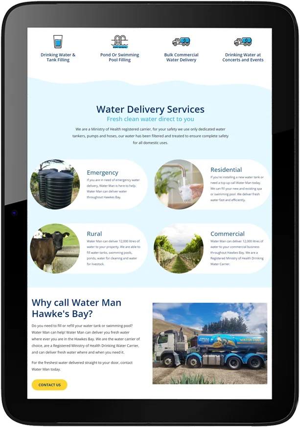 One page website for Water Man Hawke's Bay Water Man Hawkes Bay Website Design Tablet - One page website for Water Man Hawke's Bay
