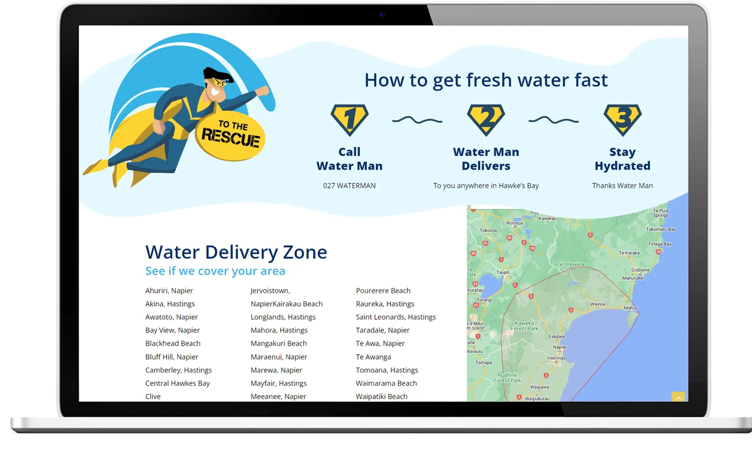 Water Man Hawkes Bay Website Re design Desktop - One page website for Water Man Hawke's Bay