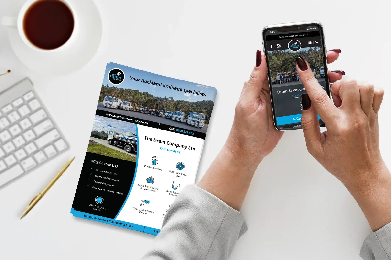 The Drain Company website and flyer design feature